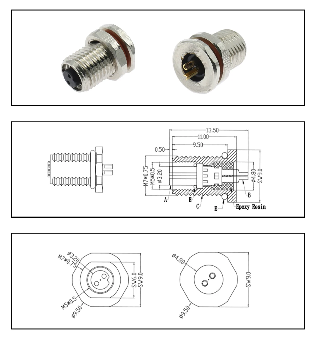 Waterproof Socket 2hole Welding Female M5 Connector