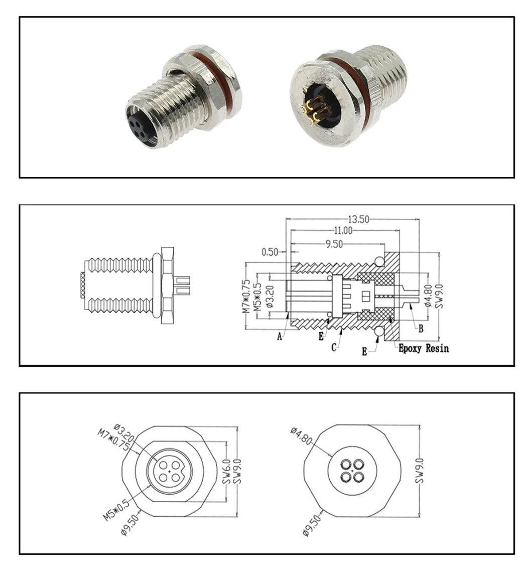 4hole M5 Sensor Panel Socket Waterproof Connector